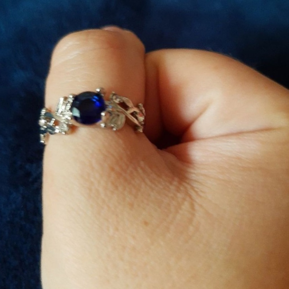New Sterling Silver Blue White Sapphire Hand Crafted Floral Vine Flower Ring - Picture 11 of 14